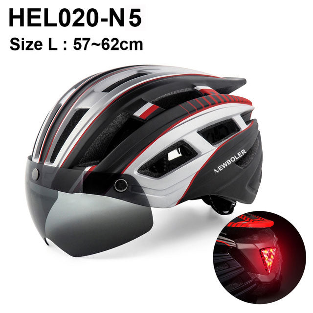 Casco de ciclismo NEWBOLER para hombre y mujer, casco con luz LED, lente para casco de bicicleta de montaña y carretera para montar en bicicleta, deportes, monopatín, Scooter