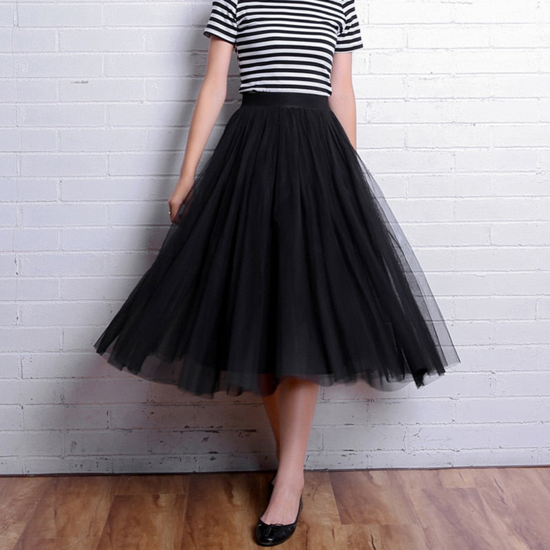 OHRYIYIE 2023 Spring Summer Vintage Long Tulle Skirt Women Elastic High Waist Mesh Skirts Pleated Tutu Skirt Female Jupe Longue