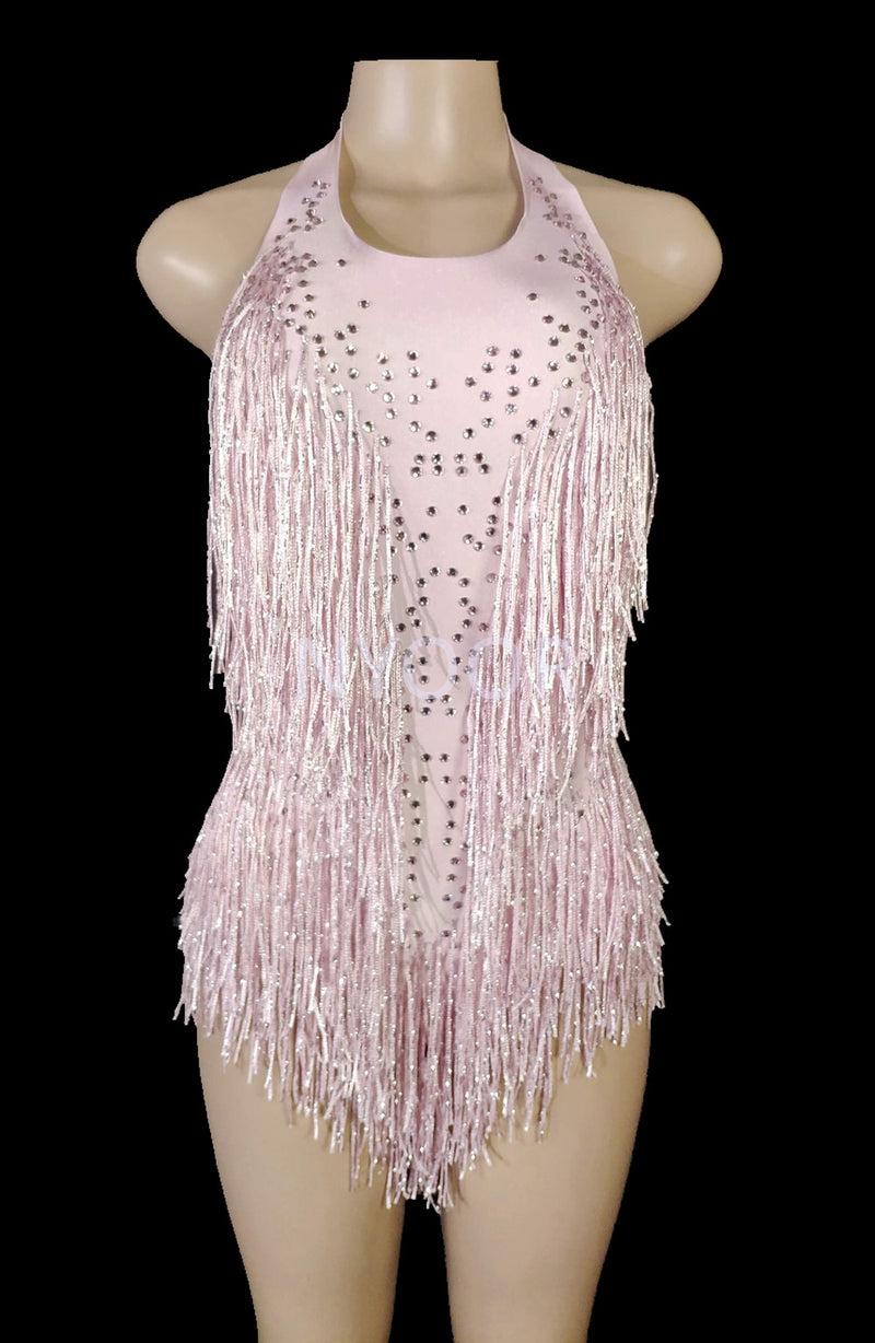 Sparkly Rhinestones Fringes Bodysuit Women Nightclub Outfit Glisten Dance Costume One-piece Dance Wear Singer Stage Leotard