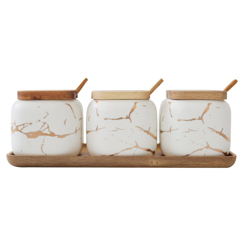 Luxus nordischen Stil Marmormuster Keramik Küche Gewürzbehälter Set Holzabdeckung Salzstreuer Gewürzglas Küchenzubehör