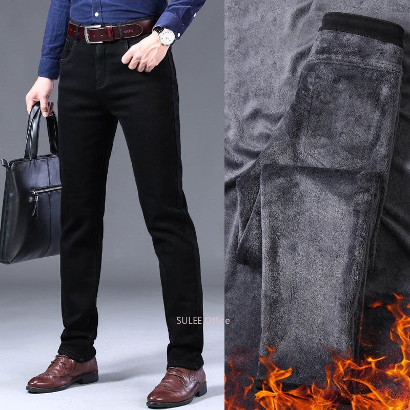 2022 Winter  Men Black Slim Fit Stretch Thick Velvet Pants Warm Jeans Casual Fleece Line Trousers Male Plus Size