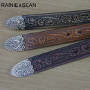 RAINIE SEAN Men's Waist Belt Jeans Genuine Leather Embossed Pin Belt Burgundy Vintage Male High Quality Real Cow Leather Belts