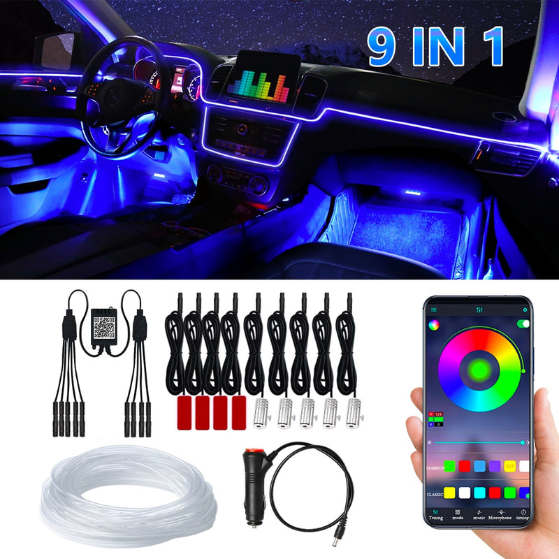 Car Atmosphere Light Ambient Interior Decoration App Sound Control Wireless RGB Neon Led Strips Auto Flexible Lamps