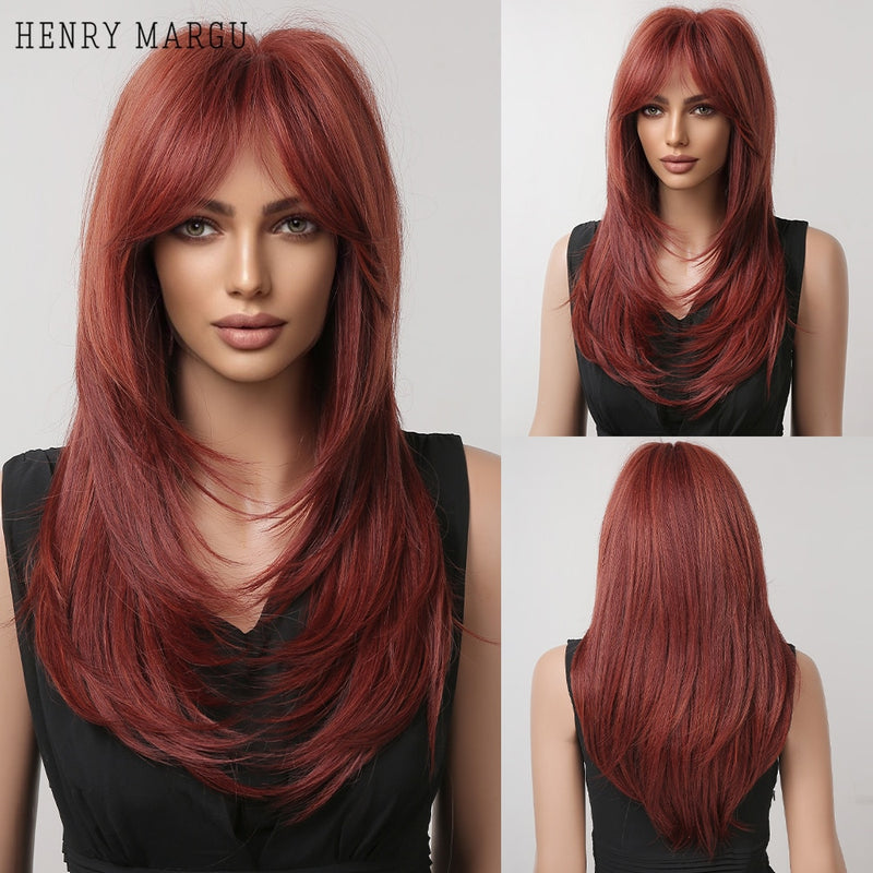 HENRY MARGU Long Straight Black Synthetic Wigs With Bangs Natural Fake Hairs for Women Afro Heat Resistant Cosplay Daily Wigs