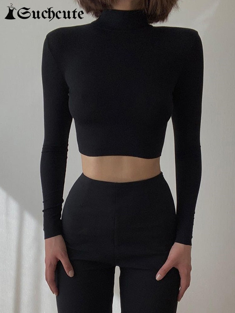 SUCHCUTE Solid Basic Long Sleeve Women T-Shirt Gothic Skinny Turtleneck Kintted Female Shirt Autumn Fashion Streetwear Crop Tops