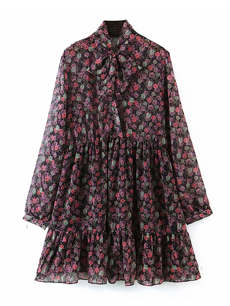 Aachoae Damen Blumenkleid Fliege Hals Vintage Plissee Kleid Durchsichtig Ärmel Print Minikleid Lässiges Sommerkleid Vestidos