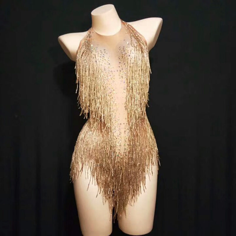 Sparkly Rhinestones Fringes Bodysuit Women Nightclub Outfit Glisten Dance Costume One-piece Dance Wear Singer Stage Leotard