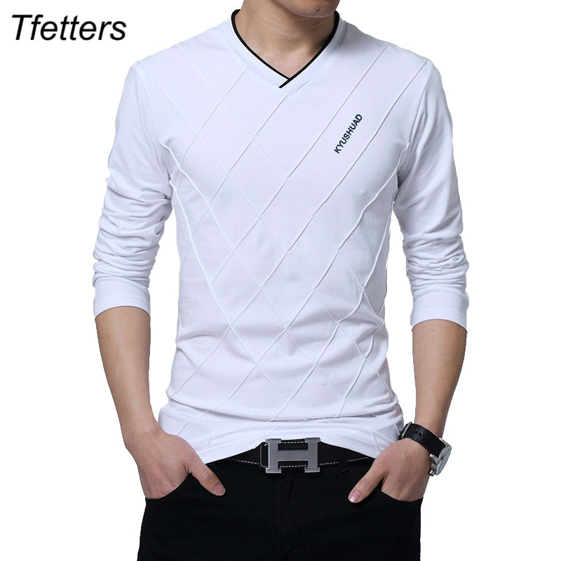 TFETTERS Mode Herren T-Shirt Slim Fit Custom T-Shirt Knitter Design Lang Stilvolles Luxus V-Ausschnitt Fitness T-Shirt T-Shirt Homme