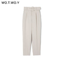 WOTWOY Elegant Formal High Waist Pants Women Skinny Office Lady Pencil Pants Women Pockets Sashes Ankle-Length Trousers Women