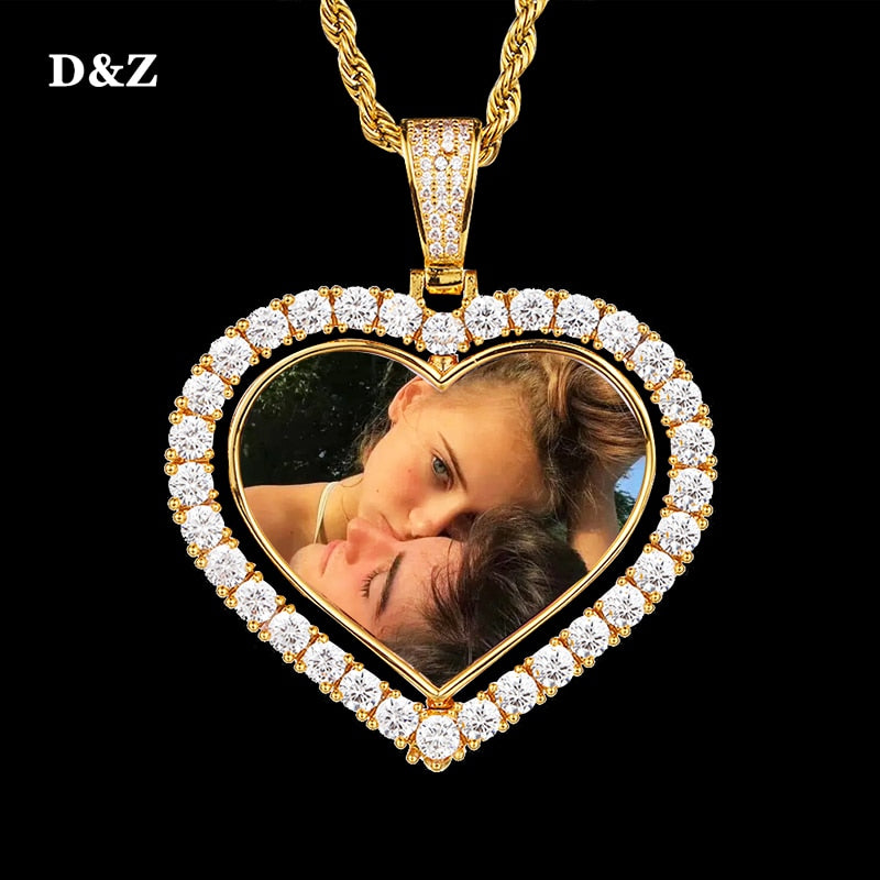 D&Z Custom Made Photo Rotating Heart Shape Double-sided Pendant Necklace 4mm Tennis Chain Zircon Men's Hip hop Jewelry