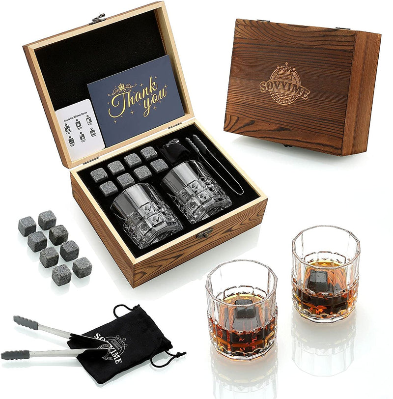 Whiskey Stones &amp; Glasses Set, Granite Ice Cube For Whisky, Whiski Chilling Rocks In Wooden Box, Best Gift For Dad Husband Men