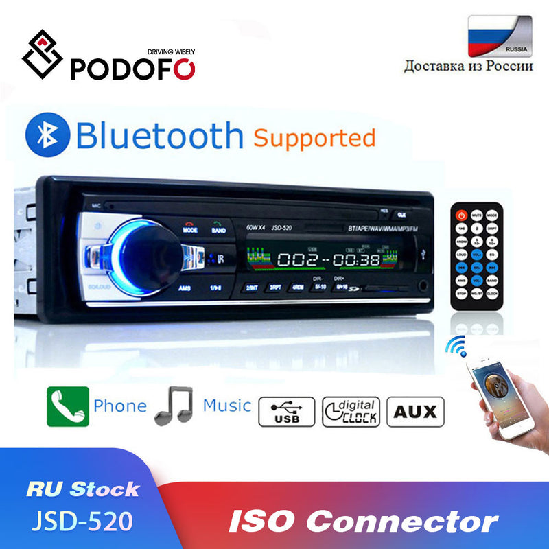 Podofo Car Radio Stereo Player Digital Bluetooth MP3 Player JSD-520 60Wx4 FM Audio Stereo Music USB/SD with In Dash AUX Input