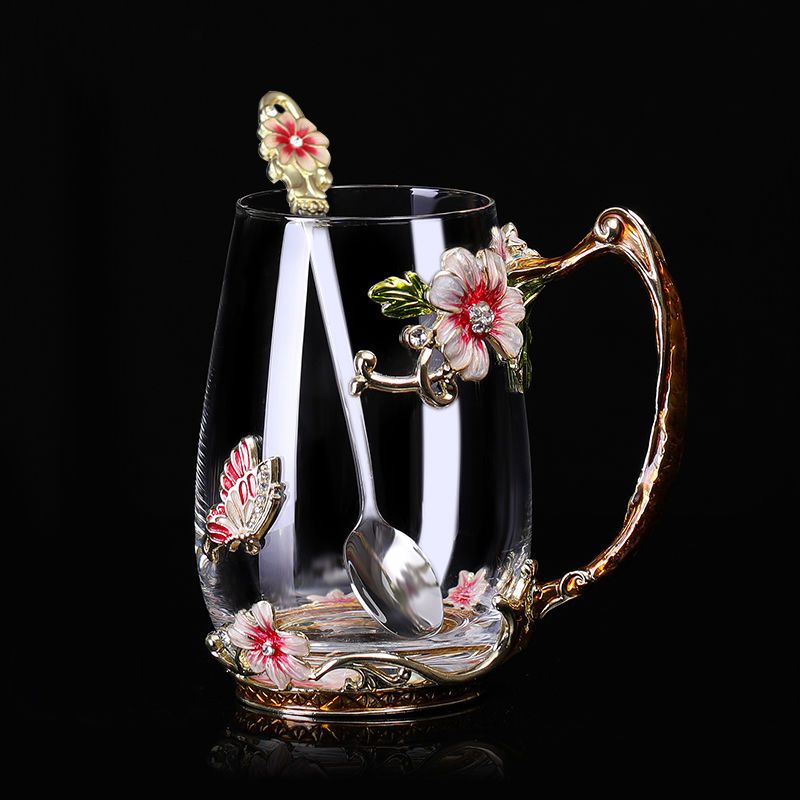 Taza de café esmaltada de belleza y novedad, tazas de cristal de té con flores para bebidas frías y calientes, juego de cuchara y taza de té, regalo de boda perfecto