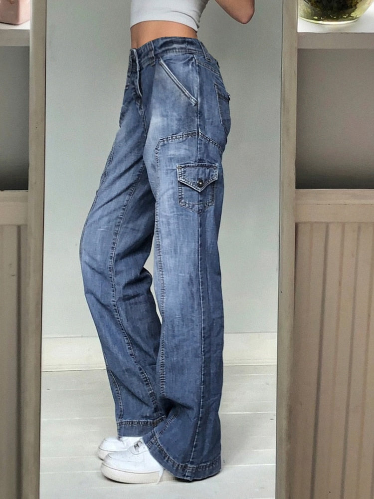 HEYounGIRL Boyfriend Vintage High WaistJeans for Women Harajuku Casual Baggy Pants Capris Pockets Blue Denim Trousers Autumn