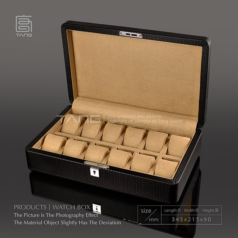 3/6/12 Slots Leather Watch Box Black Watch Storage Box Organizer With Lock Luxury Carbon Watch Box For Men Gift Boxes