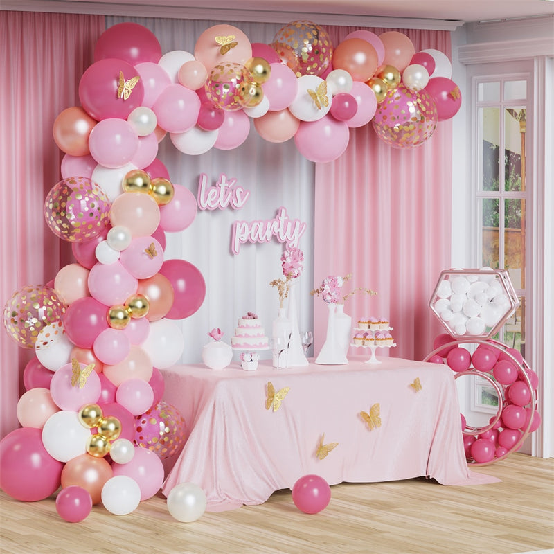 Kit de arco de guirnalda de globos rosa caliente, pegatinas de mariposa, globos de látex de oro rosa cromado para cumpleaños, boda, decoración de fiesta de bienvenida de bebé