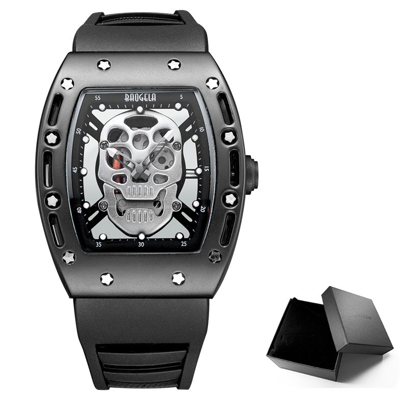 Baogela Fashion Mens Skeleton Skull Luminous Quartz Watches Military Style Black Silicone Rectangle Dial Armbanduhr für Man1612