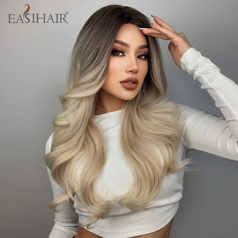 EASIHAIR largo rubio claro Ombre pelucas de estilo ondulado Natural pelucas sintéticas resistentes al calor pelucas de Cosplay de pelo de parte media para mujeres