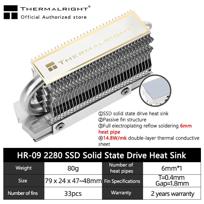 Thermalright HR-09 2280/HR-09 2280 PRO M.2 Unidad de estado sólido AGHP Radiador de tubería de calor SSD Enfriador Completamente galvanizado