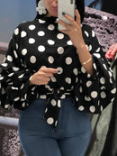 Damen-Blusen mit Polka Dots, schwarze Schärpen, lange Puffärmel, weiß, rot, Übergröße XXXL, Damenmode, Freizeit, Frühling, Sommer, Blusen