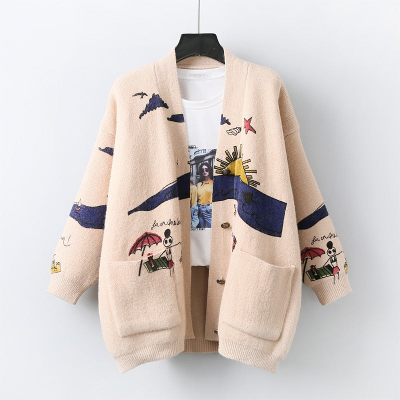 Suéteres sueltos con bordado de letras para mujer, abrigo de invierno para mujer, cárdigan, ropa de estilo pijo, Y2K, suéter de punto informal para chica dulce
