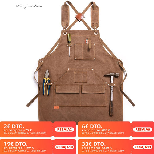 Neue strapazierfähige Unisex-Arbeitsschürze aus Segeltuch mit Werkzeugtaschen, überkreuzten Trägern, verstellbar für Holzbearbeitung und Malerei