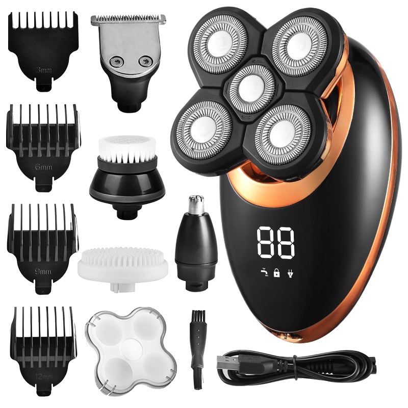 Afeitadora eléctrica para hombres, recortadora de pelo de barba, maquinilla de afeitar eléctrica 5D flotante, cinco cabezales de hoja, recortadora de pelo de nariz eléctrica, pantalla LCD