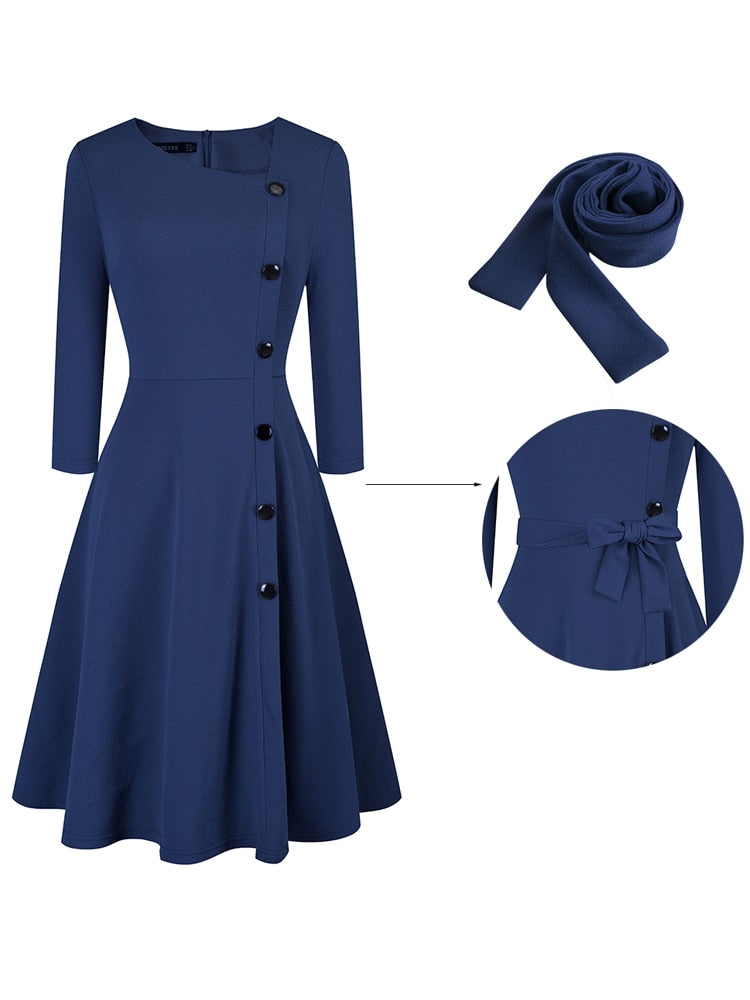 Nice-forever Spring Solid Color with Button Retro Elegant Dresses Party Flare Swing Women Dress A241