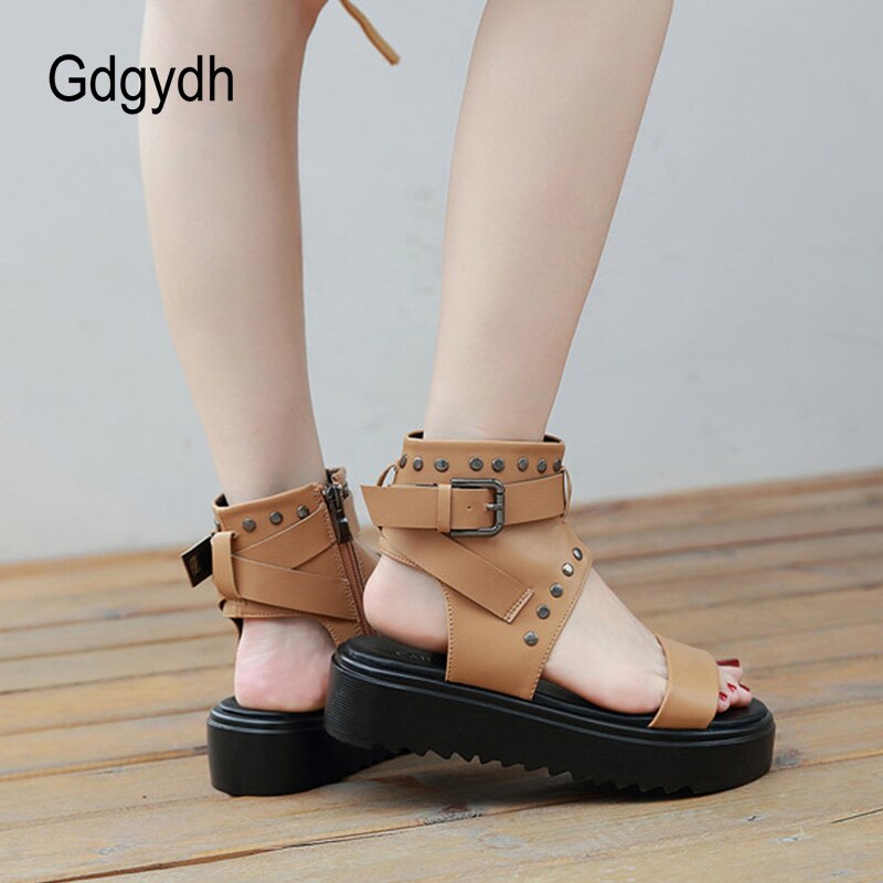 Gdgydh 2022 Thick Platfom Women Sandals Open Toe Flat Heels Female Shoes Summer Korean Style Rivets Buckle Sandals Ankle Strap