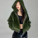 Autumn Winter Faux Rabbit Fur Bomber Teddy Coat Zipper Streetwear High Waist Furry Hooded Plush Jacket Cardigan Fleece Parkas