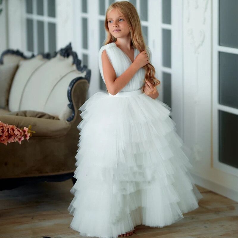 New Coming Tiered Tulle Princess Dress Ankle -Length Sleeveless Custom Made Kids Prom Dress Ruffles Long Pageant Gowns Vestidos