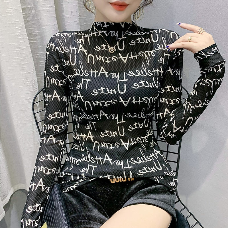 Fast Ship Vintage Print Tops Letters Doodle T-shirt Women Turtleneck Long Sleeve Slim Stretchy Tee Casual Women Clothing Spring