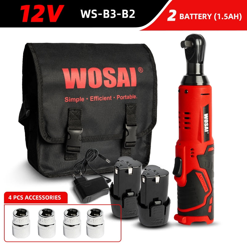 WOSAI 45NM llave eléctrica inalámbrica 12V 3/8 juego de llaves de trinquete ángulo taladro destornillador para quitar tornillo tuerca herramienta de reparación de automóviles