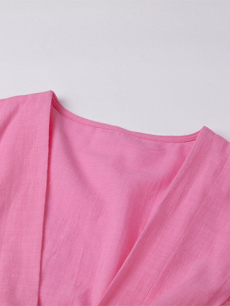 Women Casual Loose V Neck Crop Top And Straight Shorts Two Piece Set Female Solid Lace Up Long Sleeve Shirts Tops And Shorts Set