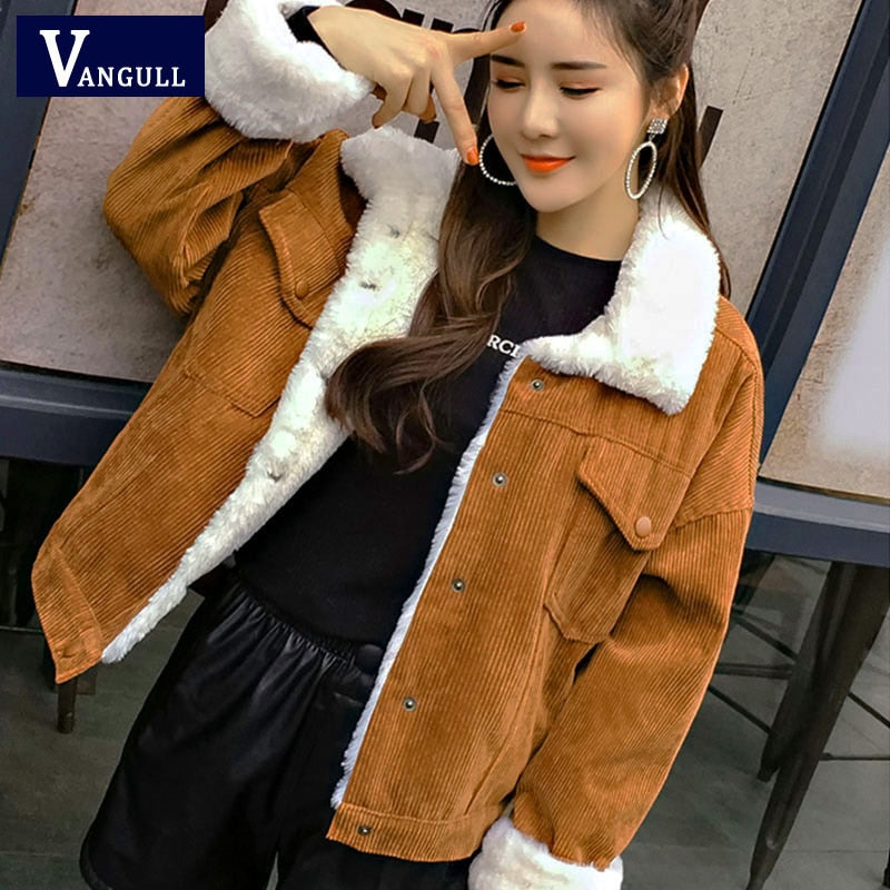 Vangull Winter Damen Cord Fleece Mantel Warm Verdicken Baumwolle Samt Damen Jacke Mode Kunstpelz Futter Langarm Outwears