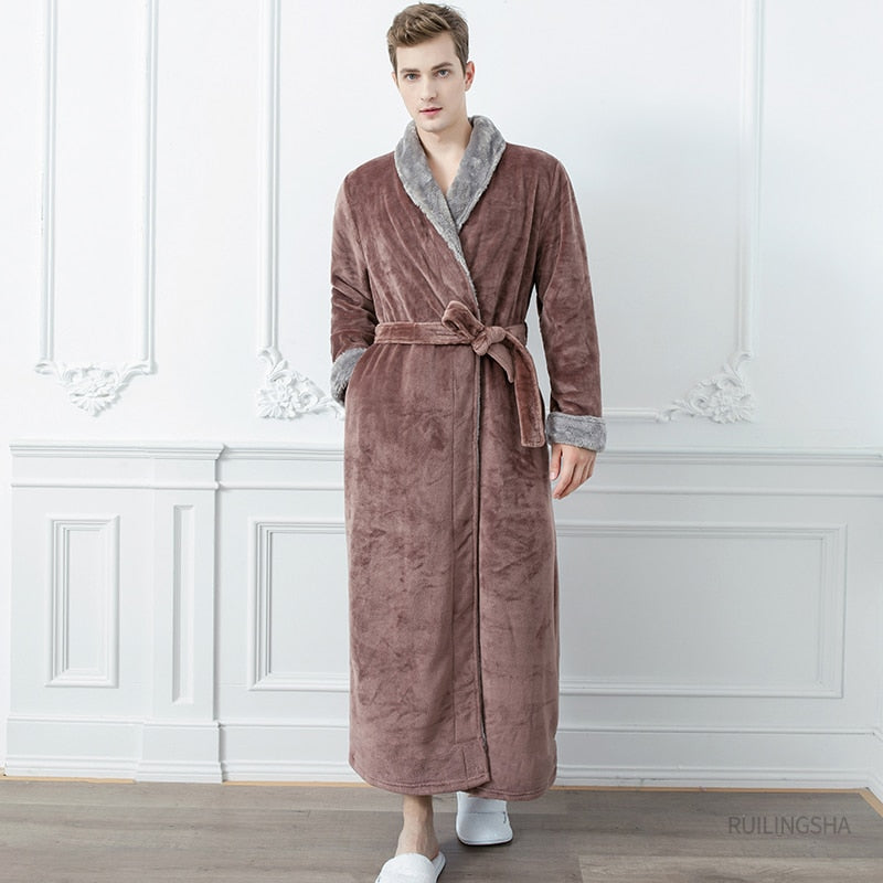 Men Long Thick Warm Flannel Bath Robe Plus Size Women Robes Coral Fleece Bathrobe for Winter Dressing Gown Male Kimono Sleepwear