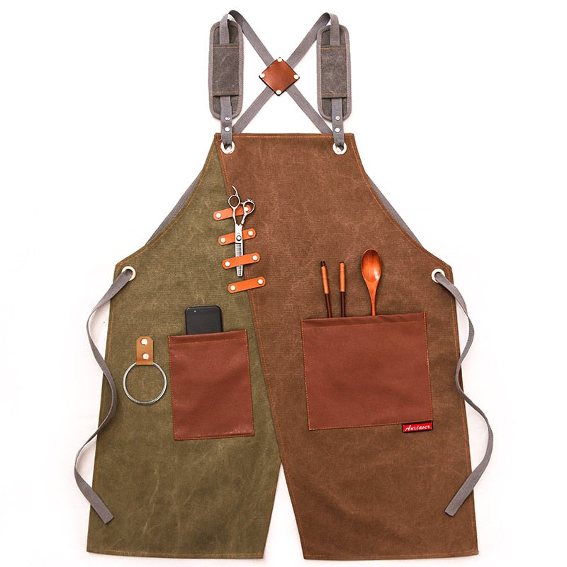 New Durable Goods Heavy Duty Unisex Canvas Work Apron with Tool Pockets Cross-Back Straps Adjustable For Woodworking Painting