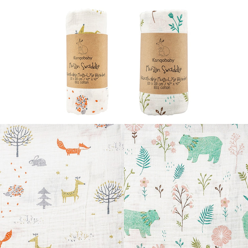 Kangobaby #My Soft Life# Brightly Colorful Flower And Leaf 2pcs Set Muslin Swaddle Blanket