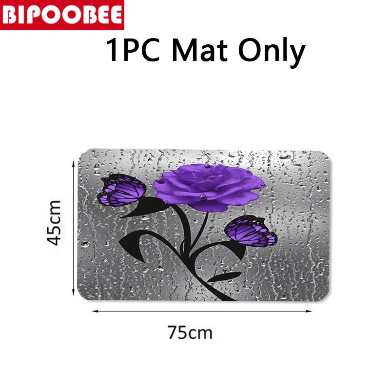 Purple Rose Flowers Shower Curtain Bathroom Curtains Set Butterfly Flower Bath Mats Toilet Lid Cover Anti-slip Carpet Home Decor