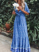 Vintage Chic Fashion Women Floral Print V-neck Rayon Beach Bohemian Maxi Dress Ladies V Neck Tassel Summer Boho Dresses Robe