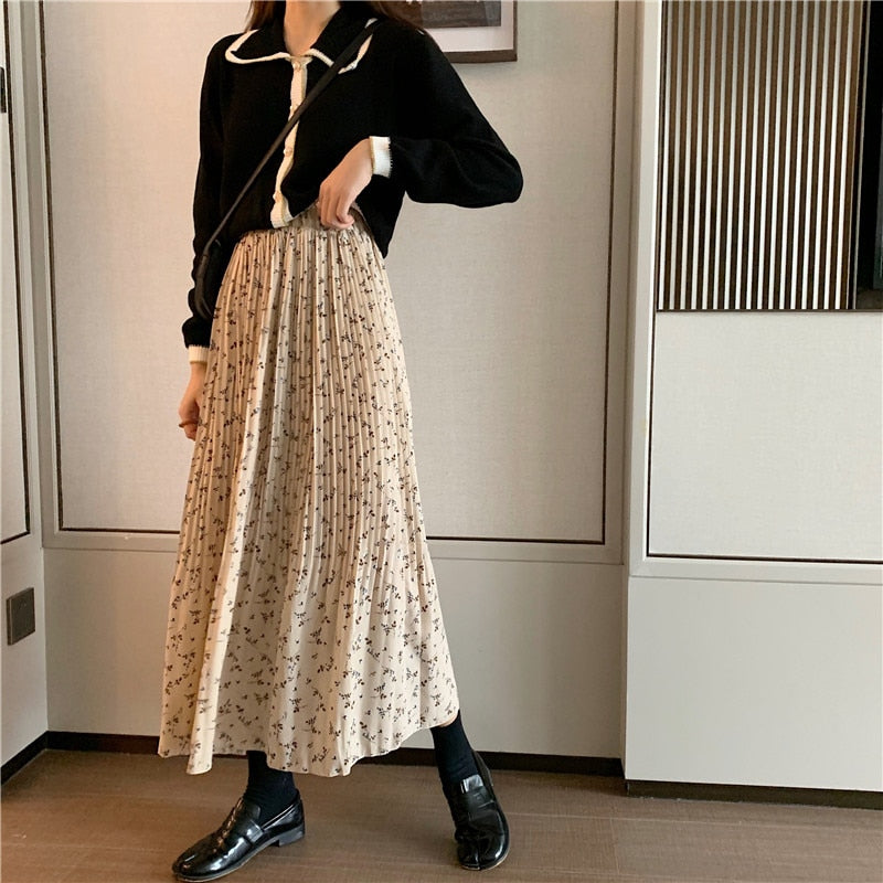 2023 Spring Vintage Floral Print Ruffle Pleated Long Skirts Women Korean Skirt Streetwear Drawstring Elastic Waist Midi Skirt