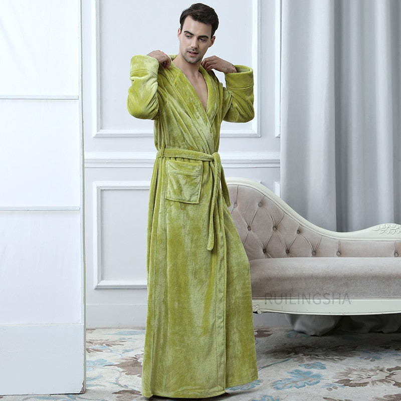 Albornoz de franela de talla grande para hombre y mujer, albornoz Extra largo con capucha cálido para amantes, albornoz tipo Kimono grueso, bata de baño para hombre, batas