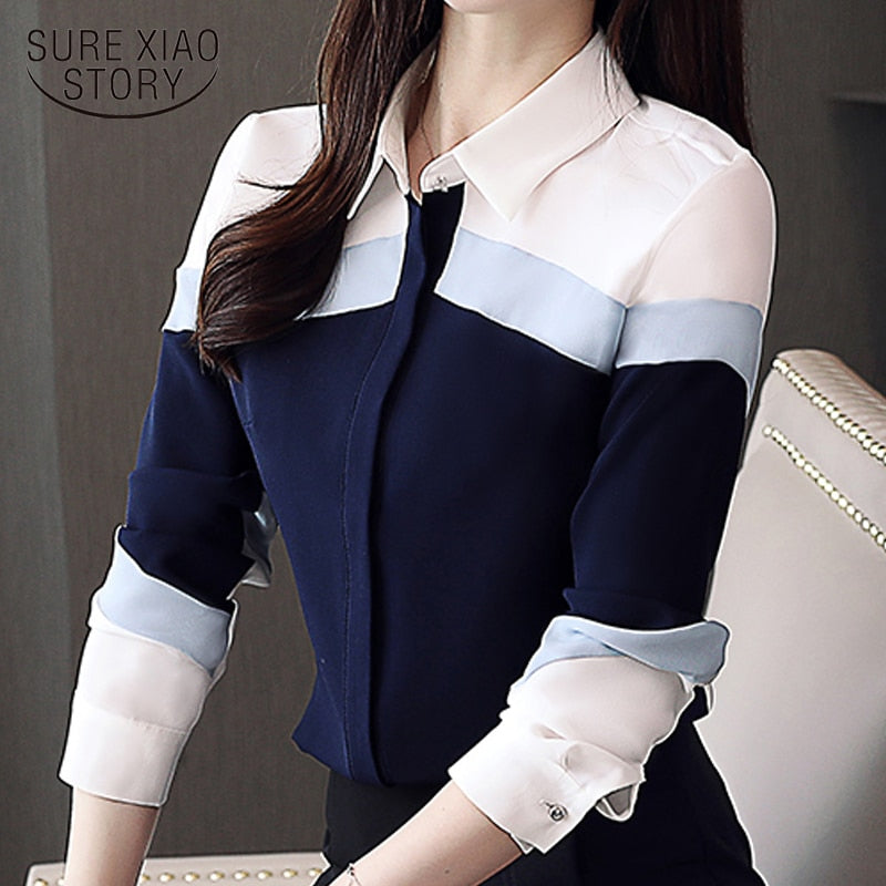 2023 Fashion Womens Long Sleeve Chiffon Blouse Spliced Office Lady Women Blouses Long Sleeve Ladies Tops Striped Blouse 5302