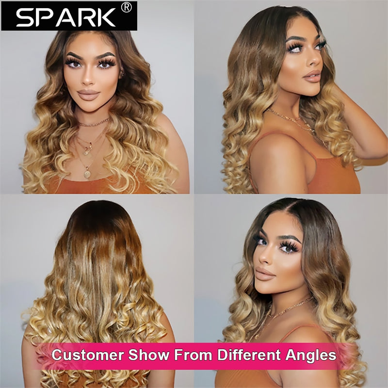 SPARK Ombre Highlight Body Wave 4x4 Lace Closure Wig 30 32Inch 180%Density Brazilian Wavy 13x4Lace Frontal Human Hair Wigs Remy