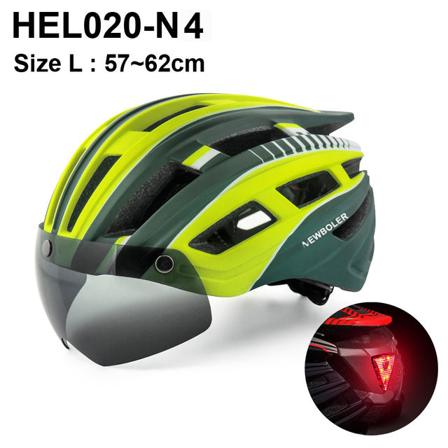 Casco de ciclismo NEWBOLER para hombre y mujer, casco con luz LED, lente para casco de bicicleta de montaña y carretera para montar en bicicleta, deportes, monopatín, Scooter