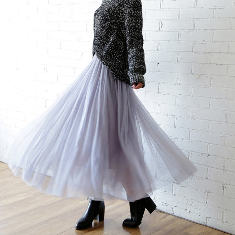 OHRYIYIE 2023 Spring Summer Vintage Long Tulle Skirt Women Elastic High Waist Mesh Skirts Pleated Tutu Skirt Female Jupe Longue