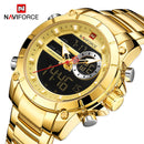 NAVIFORCE Luxury Original Men Sports Wrist Watch Gold Quartz Steel Waterproof Dual Display Clock Watches Relogio Masculino 9163