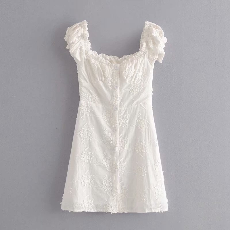 Tangada fashion women white embroidery cotton dress French style short sleeve ladies summer beach dress vestidos 1T17