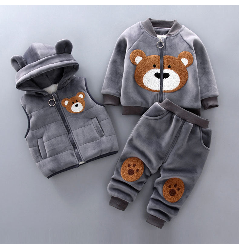 Winter Baby Girls Hooded Clothes Children Christmas Sets Vest+Coat+Pant 3 Pieces Boy Suits Cartoon Bear Garment For Kids 1-4 Age