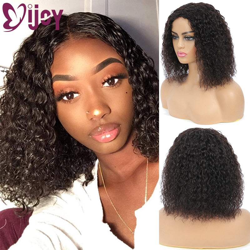 Short Bob Kinky Curly Wigs Brazilian Natural Human Hair Wigs For Black Women Middle Part Full Machine Made Wig Non-Remy IJOY